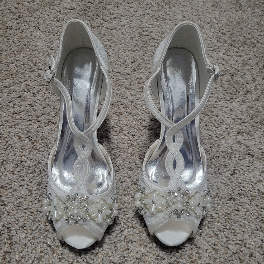 Ivory White Peep-Toe Bridal Wedding Heels with Faux Pearl and Rhinestone Beading